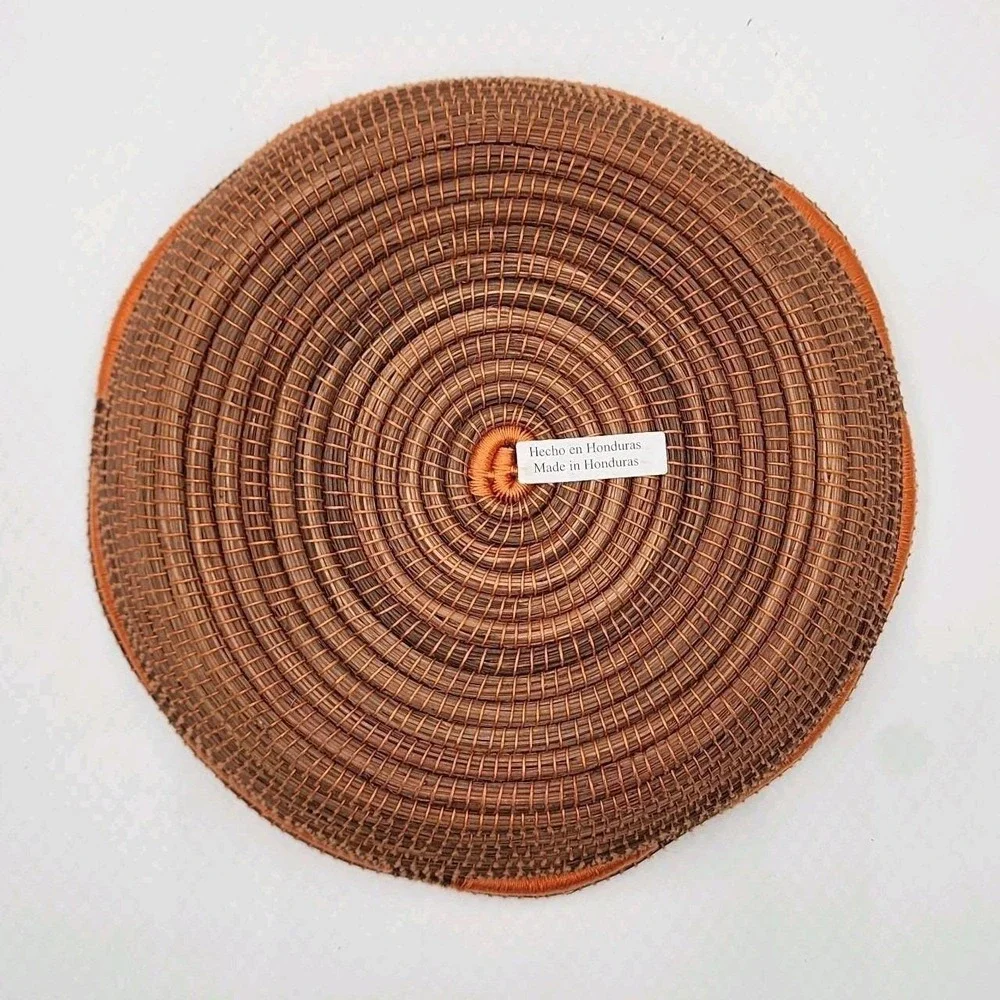 Handwoven Honduran Pine Needle Basket Round Coiled Scalloped Rim Colorful Boho